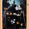 A dark, atmospheric scene featuring a haunted house facade decorated with jack-o'-lanterns and bats.