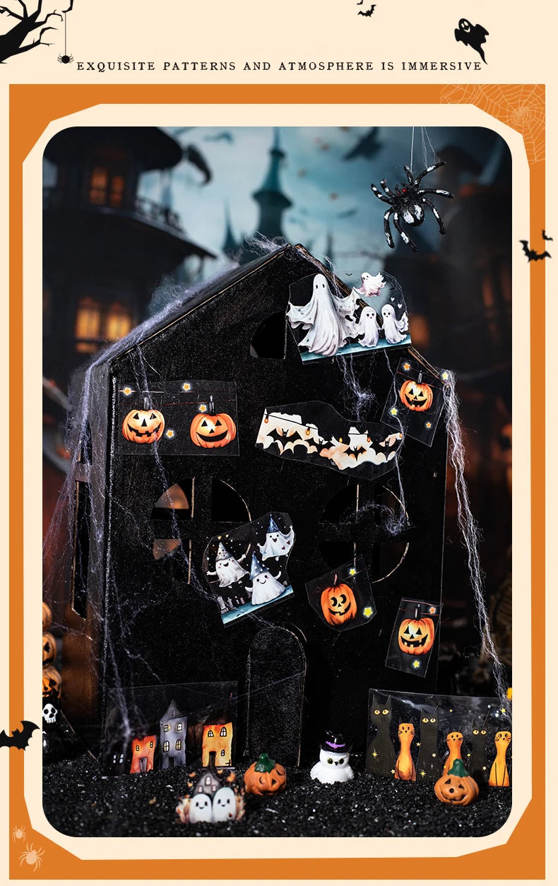 A dark, atmospheric scene featuring a haunted house facade decorated with jack-o'-lanterns and bats.