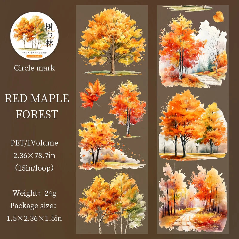 Watercolor illustration of a red maple forest featuring vibrant orange and yellow autumn leaves.