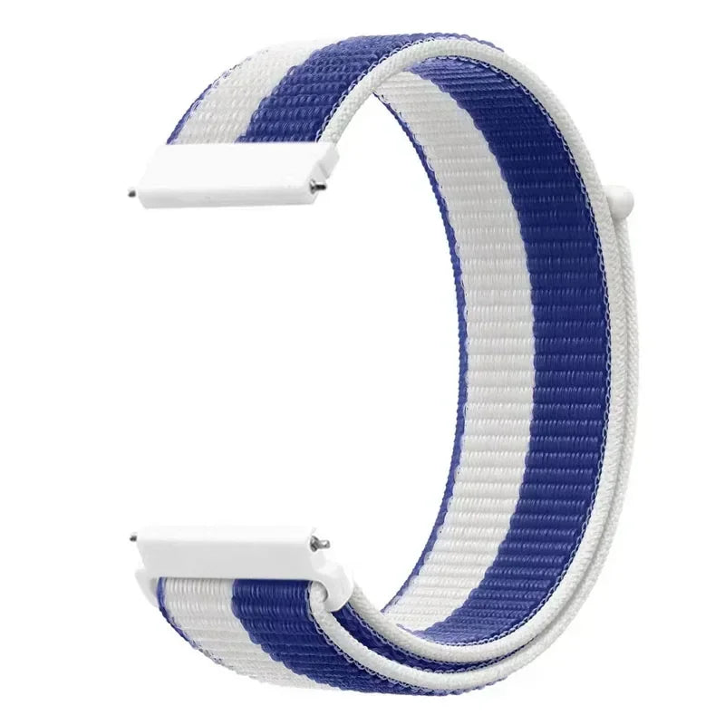 A white and blue striped nylon loop watch strap for a kid's watch.