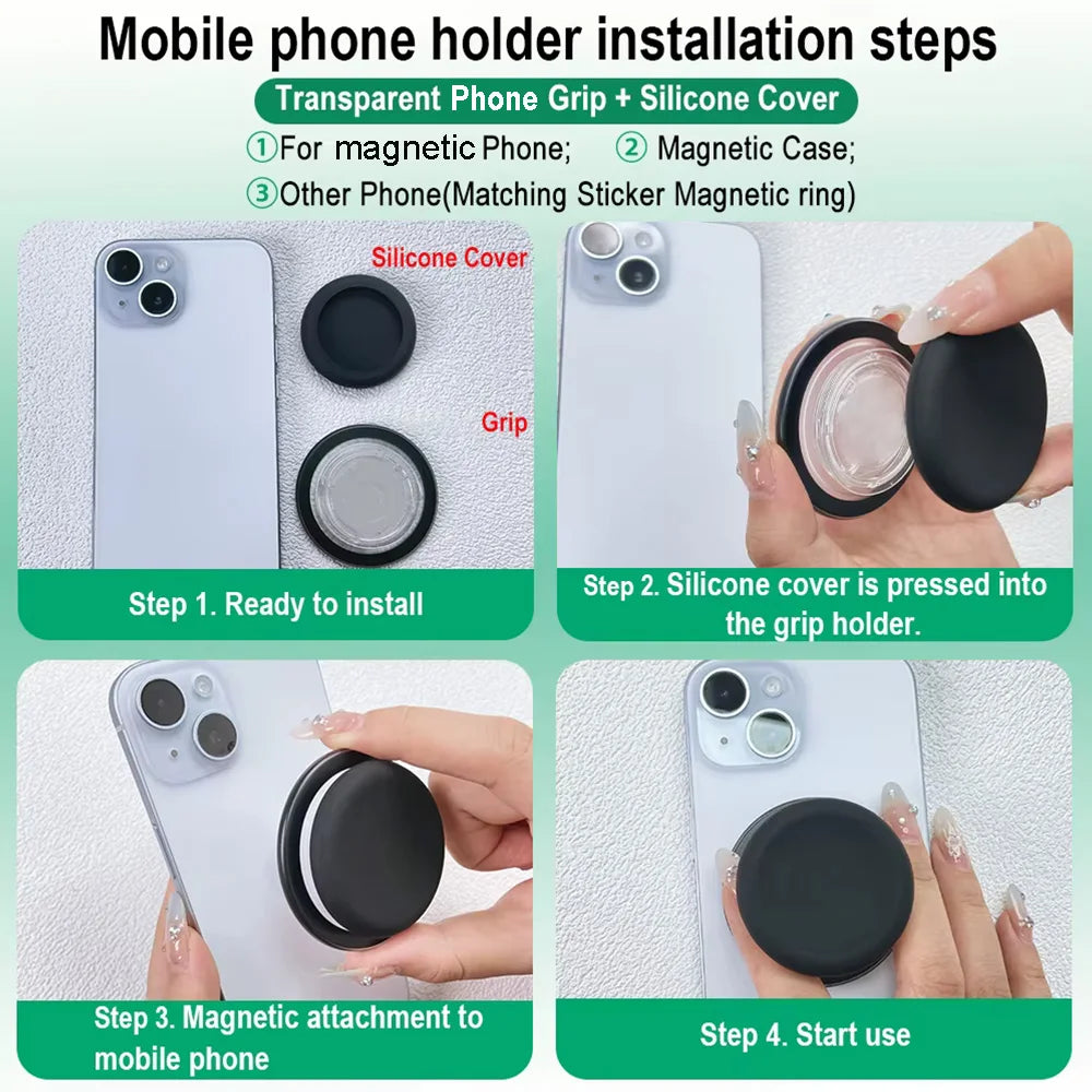 Installation steps for a mobile phone holder featuring a transparent grip and silicone cover.