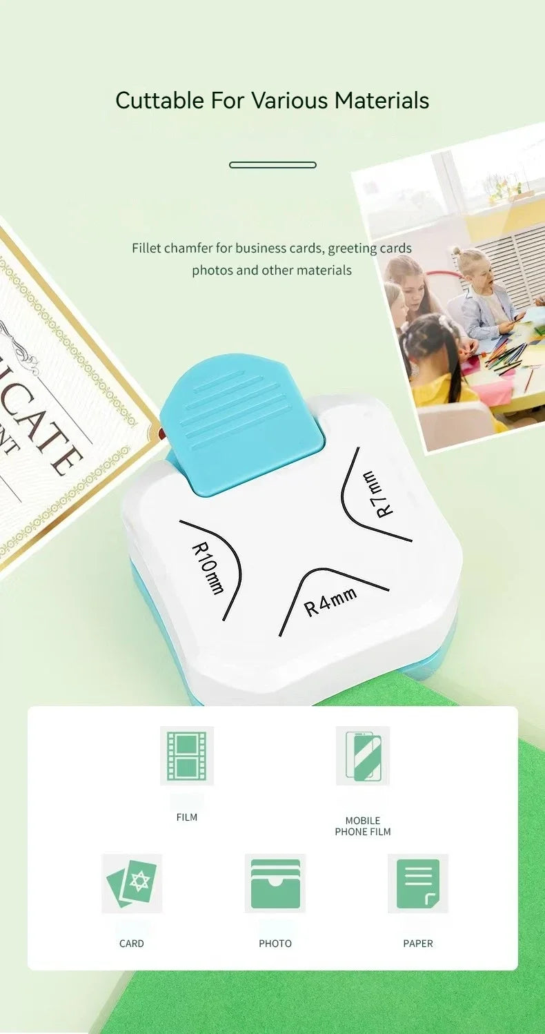 A white rubber punch tool with various sized rounders for cutting materials like cards, photos, and paper.