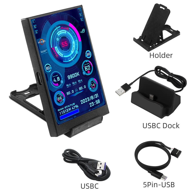A 3.5-inch USB-C mini secondary monitor displaying PC performance stats, along with various cables and a holder.