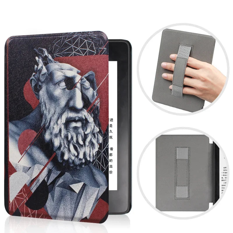 A dark gray leather case for a Kindle Paperwhite, shown with an inset demonstrating the protective features.