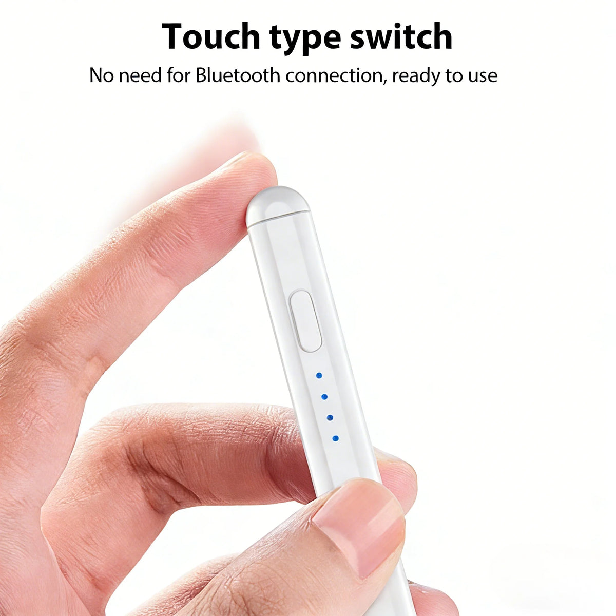 A hand holds a white touch type switch stylus pen, demonstrating its use for devices.