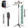 A selfie stick tripod with a remote control and an aluminum alloy rod is shown.