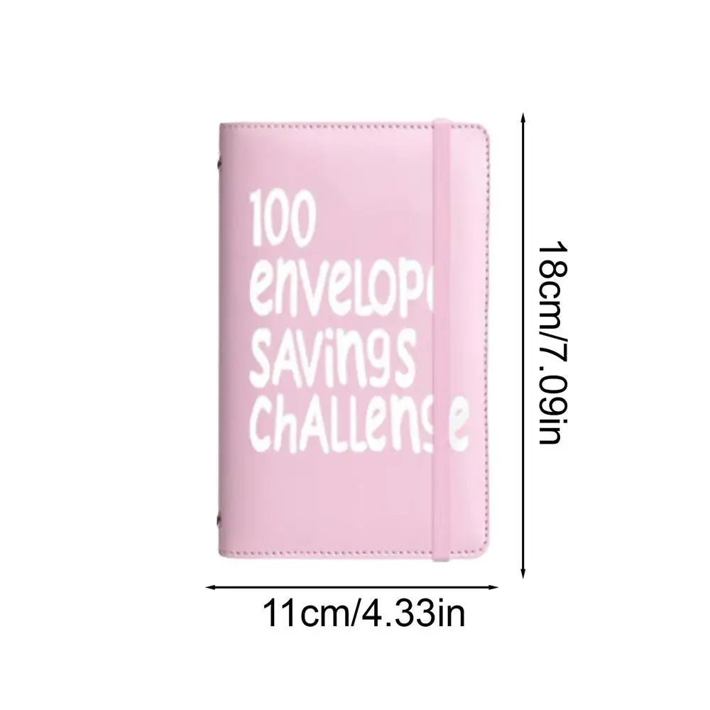 A pink budget binder for a 100-day savings challenge with text on the cover.