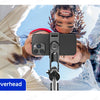 Overhead view of a person using an extendable selfie stick tripod for a group photo.