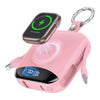 A pink portable power bank with a digital display and a charging indicator is shown.