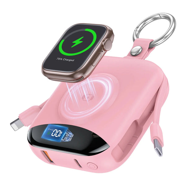 Una batería externa rosa portátil con pantalla digital e indicador de carga.