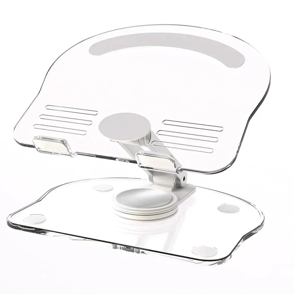 Clear acrylic 360° adjustable tablet and phone stand with multiple angle adjustments