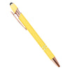 A yellow retractable stylus and ballpoint pen with a gold-colored tip.
