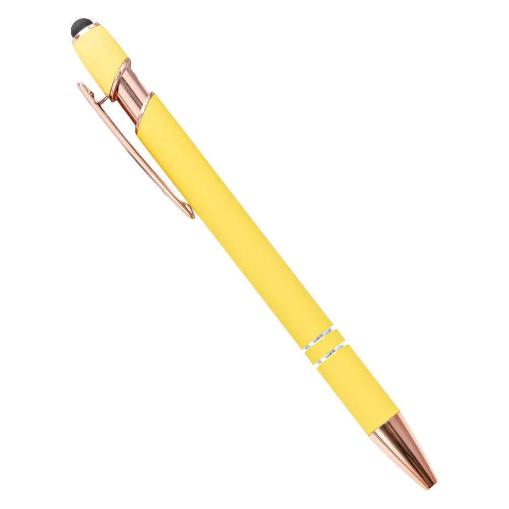 A yellow retractable stylus and ballpoint pen with a gold-colored tip.