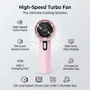 Pinker Hochgeschwindigkeits-Turbo-Lüfter mit digitaler Anzeige und USB-C-Ladeport vor weißem Hintergrund.