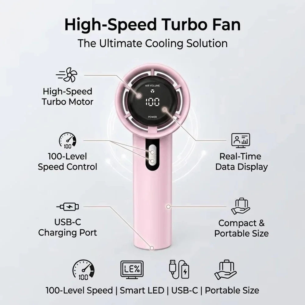 Pinker Hochgeschwindigkeits-Turbo-Lüfter mit digitaler Anzeige und USB-C-Ladeport vor weißem Hintergrund.