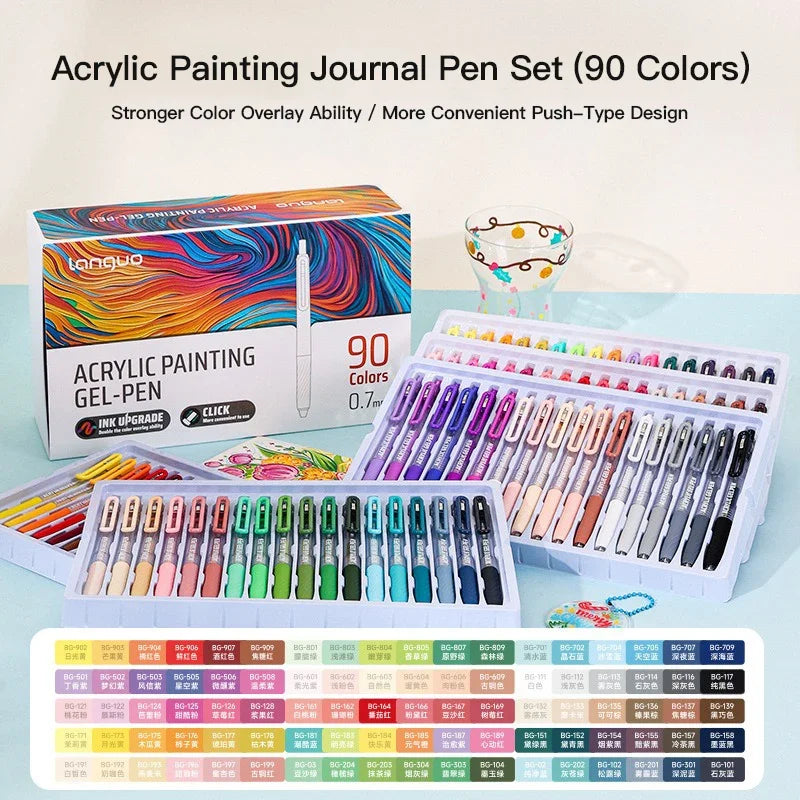 A box set of 90 colored acrylic painting journal pens with a click-type design displayed next to the product.