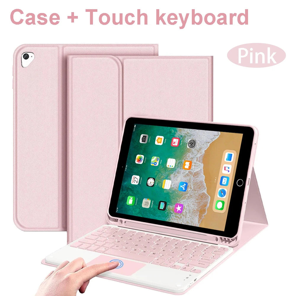 Pink case and touch keyboard for an iPad, shown with a hand interacting with the device.