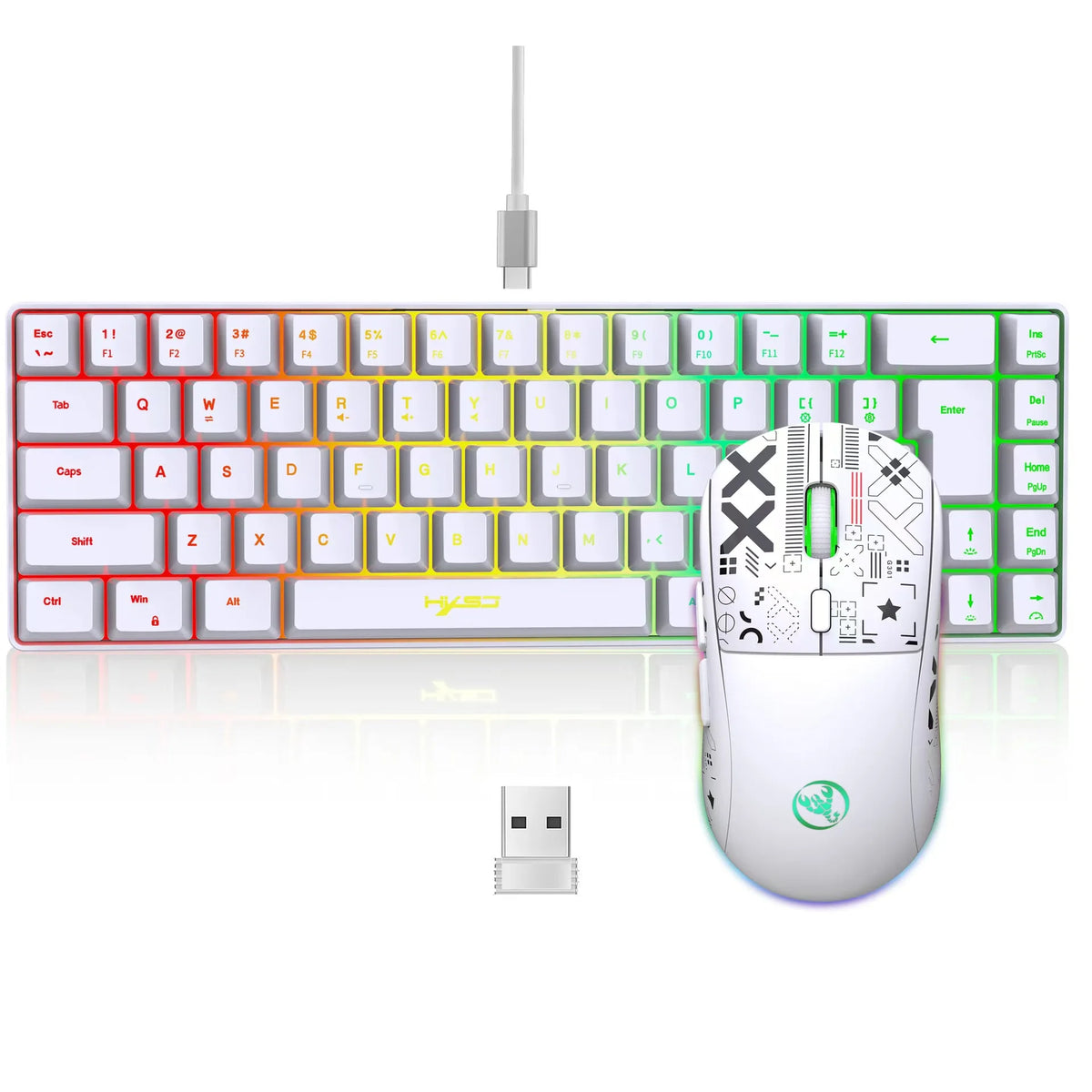 A white 60% wireless gaming keyboard and mouse combo with RGB backlight shown on a white background.