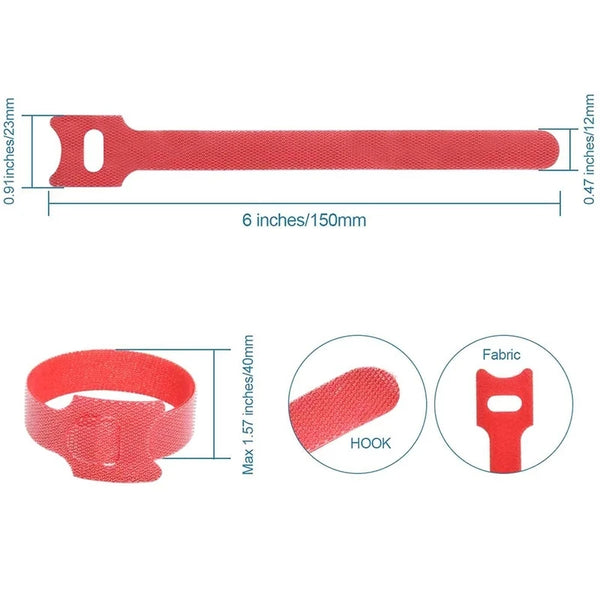 Red nylon cable organizer tie with a hook shape, measuring 6 inches long.
