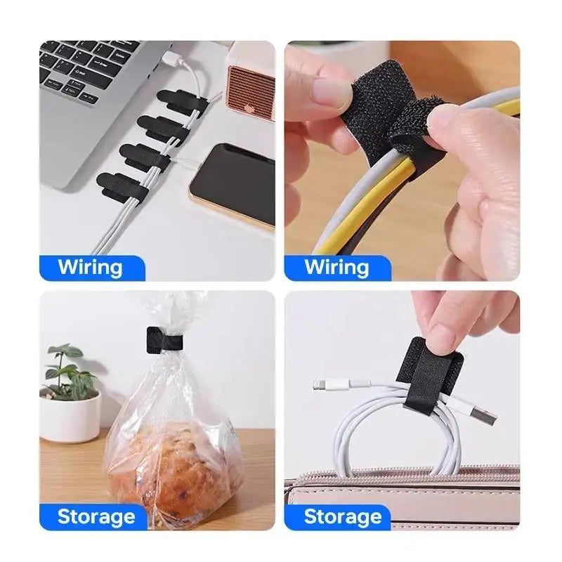 Reusable adhesive cable ties used for wiring and storage of cables on a desk or in a pencil case.