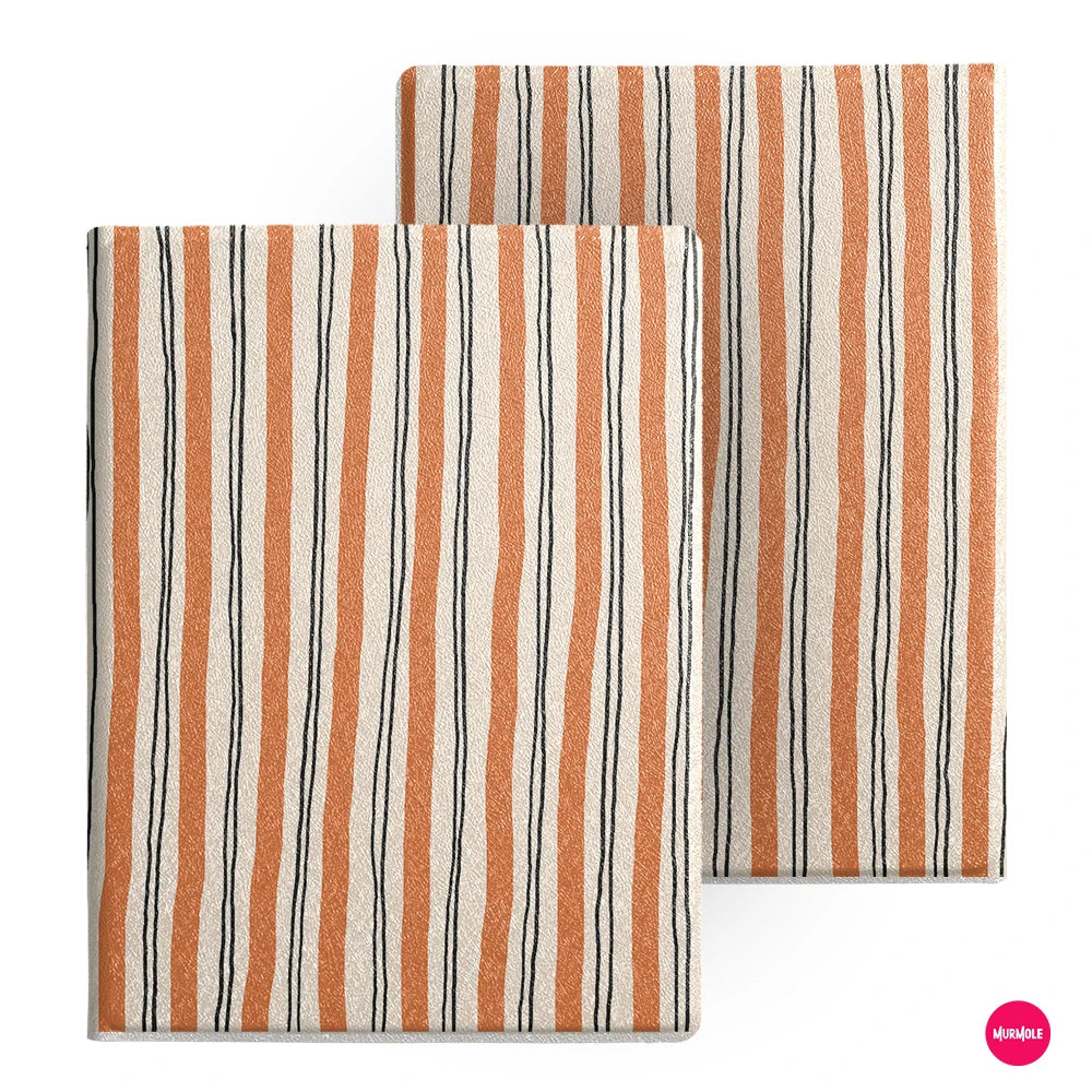 A close-up of a classic stripe magnetic folio cover for a Bigme B6 e-reader in shades of orange, beige, and black.