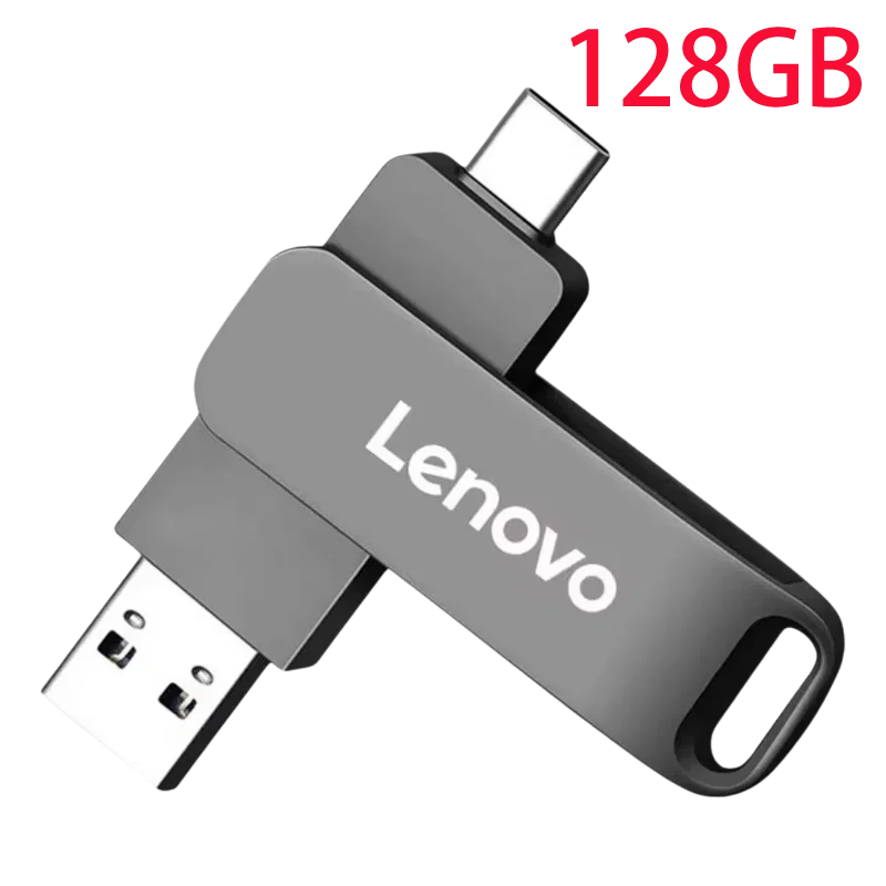 A silver Lenovo 128GB flash drive with a USB connector.