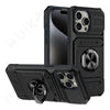Black magnetic ring kickstand phone case with a clear back panel and multiple camera lenses.