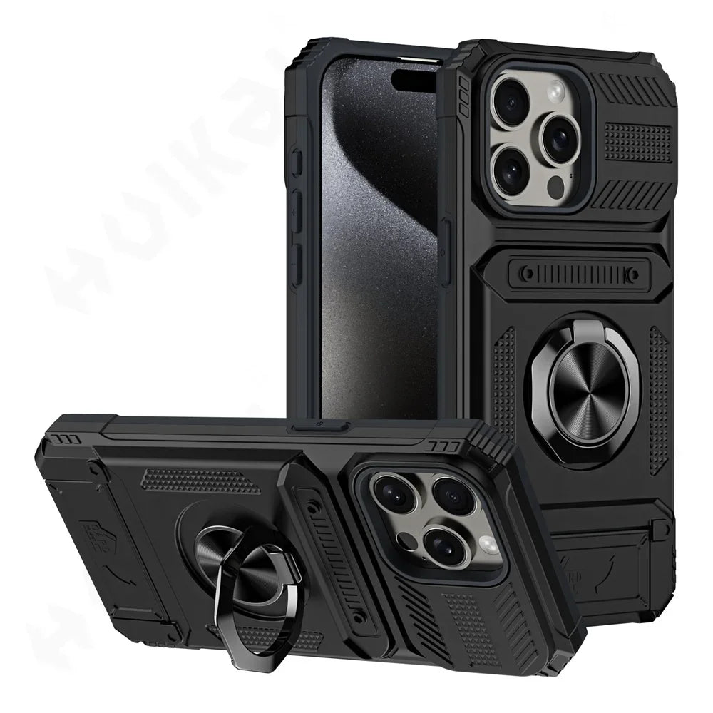 Black magnetic ring kickstand phone case with a clear back panel and multiple camera lenses.