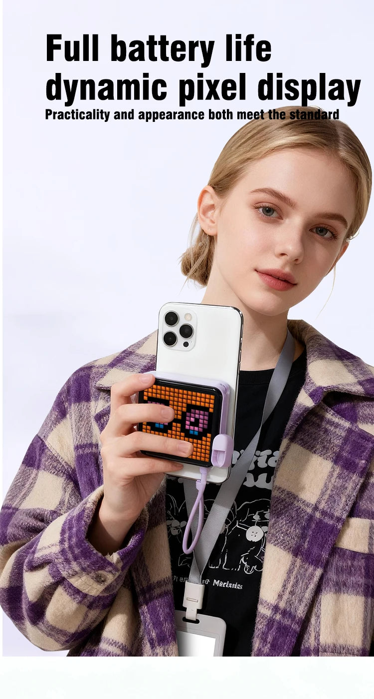 A woman holds a smartphone featuring a dynamic pixel display, showcasing its practicality and appearance.