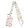 A white and multi-colored rainbow patterned lanyard with a clip attached.