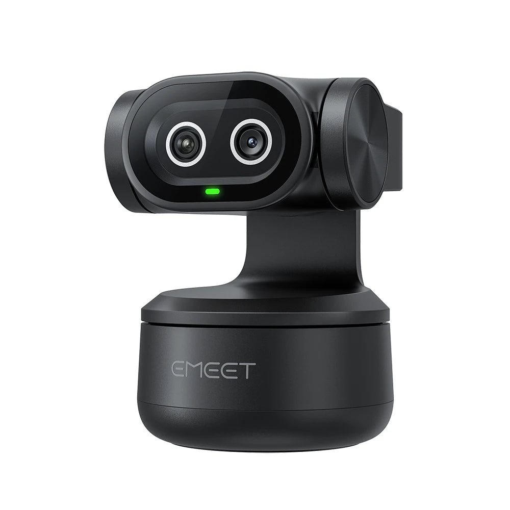 A black AI-Powered 4K Dual-Camera PTZ webcam with a round lens and green indicator light.
