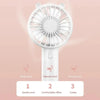 White mini handheld fan with three wind settings labeled Gentle, Comfortable office, and Cooler.