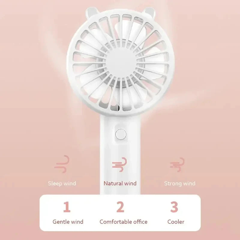 White mini handheld fan with three wind settings labeled Gentle, Comfortable office, and Cooler.