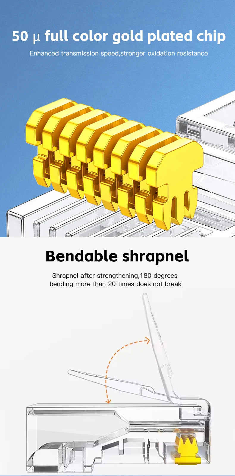 Gelb vergoldete Chip und biegbare Splitterverbindung für ein RJ45 CAT6 Kristall-Head Ethernet-Kabel.