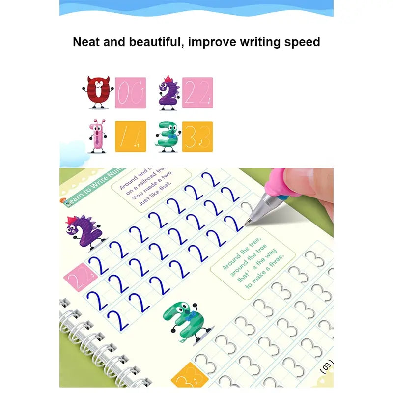 A colorful practice book for children featuring letters and numbers to improve writing speed.
