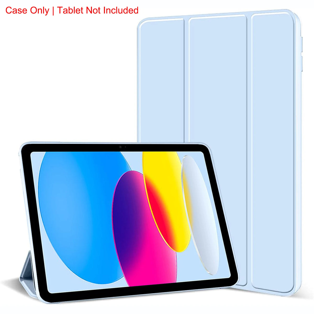 A blue tablet screen is shown next to its clear magnetic tri-fold stand cover.