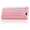 A pink Tri-Mode RGB mechanical keyboard with hot-swap switches shown from the top and a close-up view.