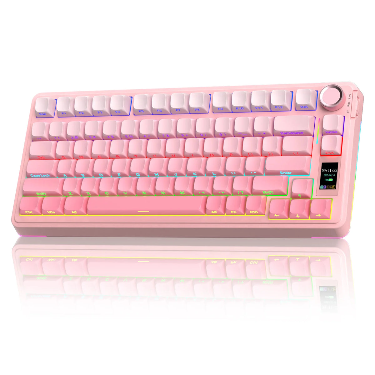 A pink Tri-Mode RGB mechanical keyboard with hot-swap switches shown from the top and a close-up view.