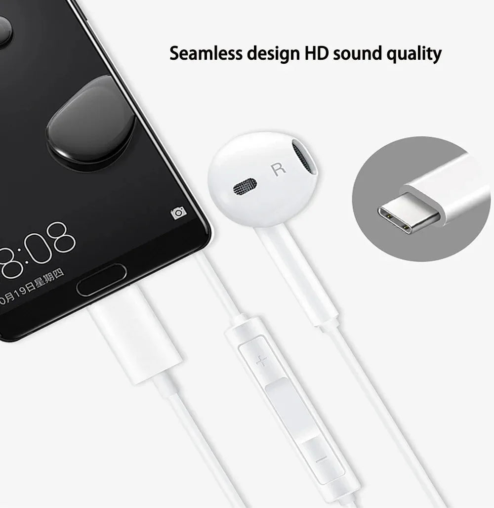 White wired earbuds with microphones and a USB connector shown next to a smartphone.