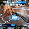 A hand is shown connecting a watch to a charging cable, demonstrating faster charging technology for iOS 26.