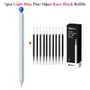 A set of 10 black Kaco gel ink refills and one light blue pen shown next to a box.