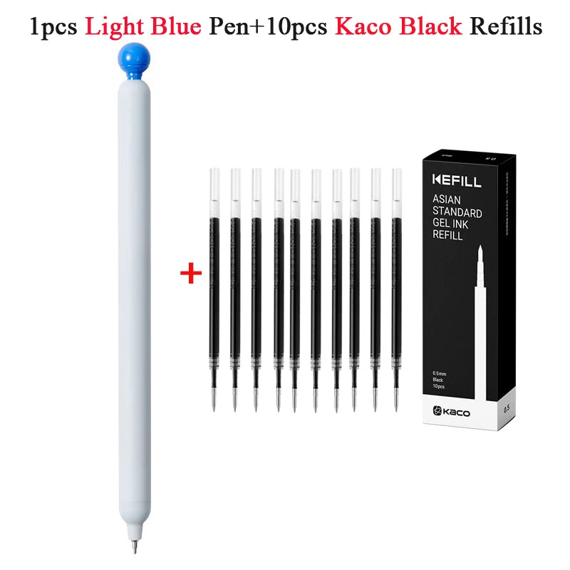 A set of 10 black Kaco gel ink refills and one light blue pen shown next to a box.