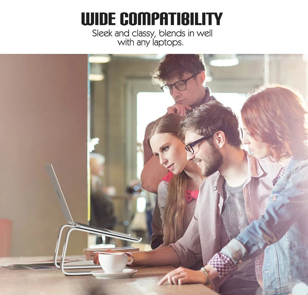 A group of people working together around a laptop, demonstrating wide compatibility and sleek design.