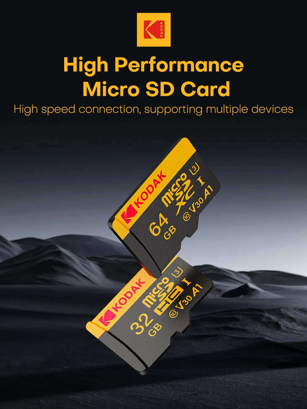 Two Kodak Micro SD cards, 64GB and 32GB, are displayed against a dark background.