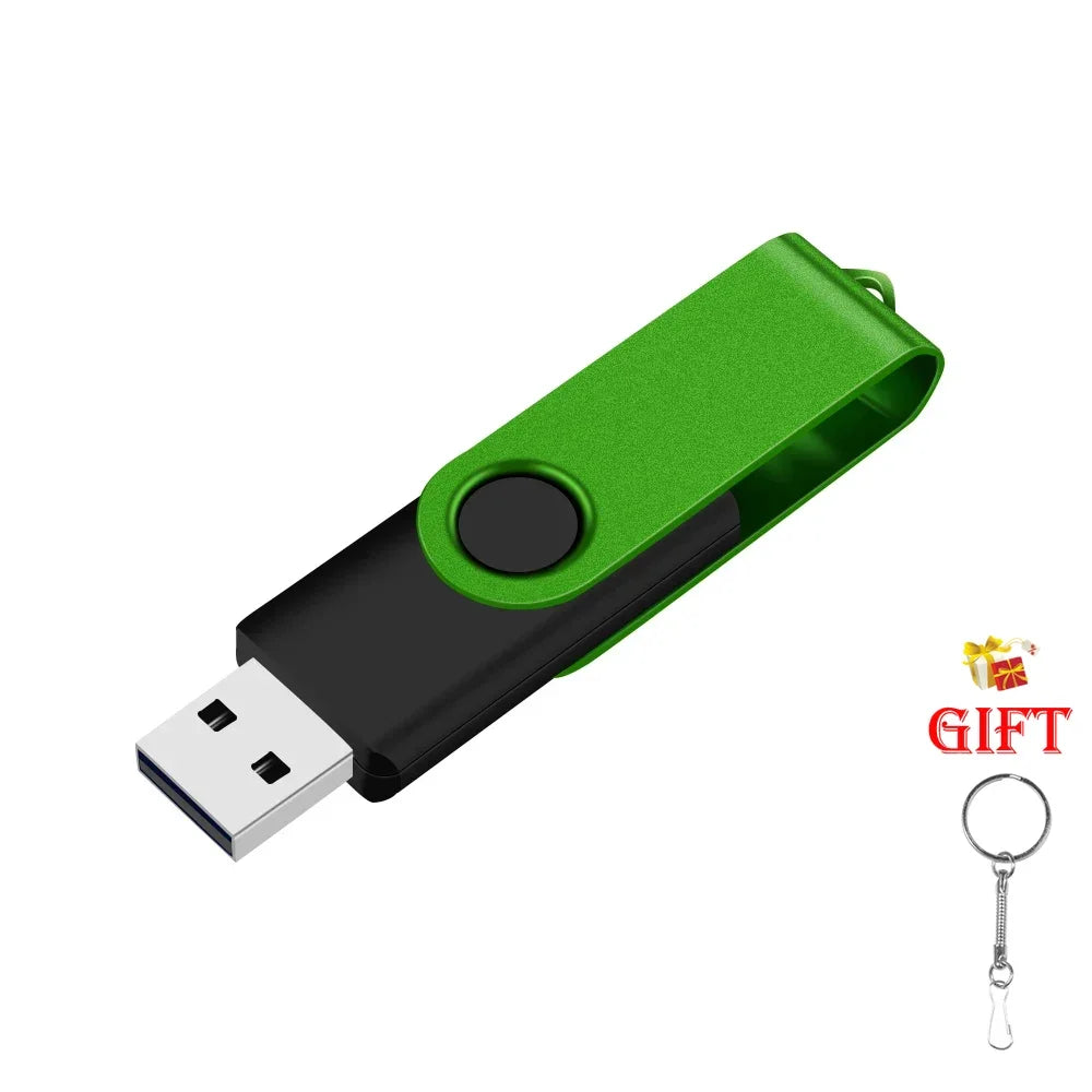 A green plastic case holding a black USB flash drive with a metal keyring attached.