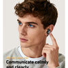 A young man is holding a black Bluetooth earphone near his ear, demonstrating the device for clear communication.