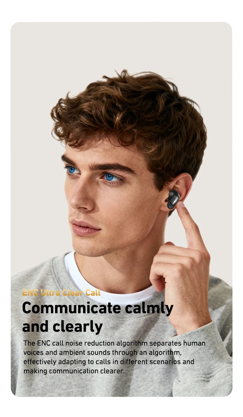 A young man is holding a black Bluetooth earphone near his ear, demonstrating the device for clear communication.