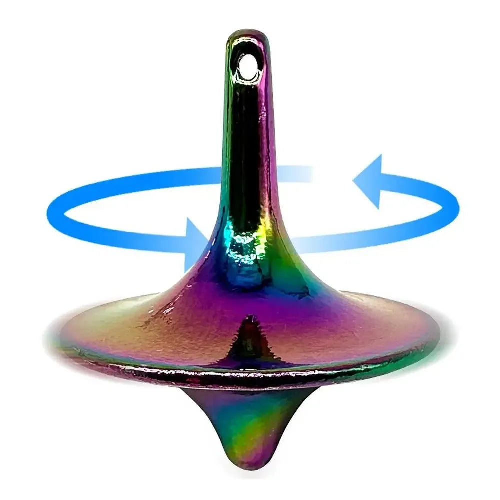 A metal hand spinning top fidget toy with a pointed, conical shape and a swirling blue motion effect.