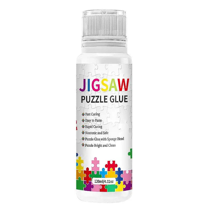 Flasche mit Puzzlekleber für Diamantmalerei mit weißem Verschluss und klarem Flüssigkeit.