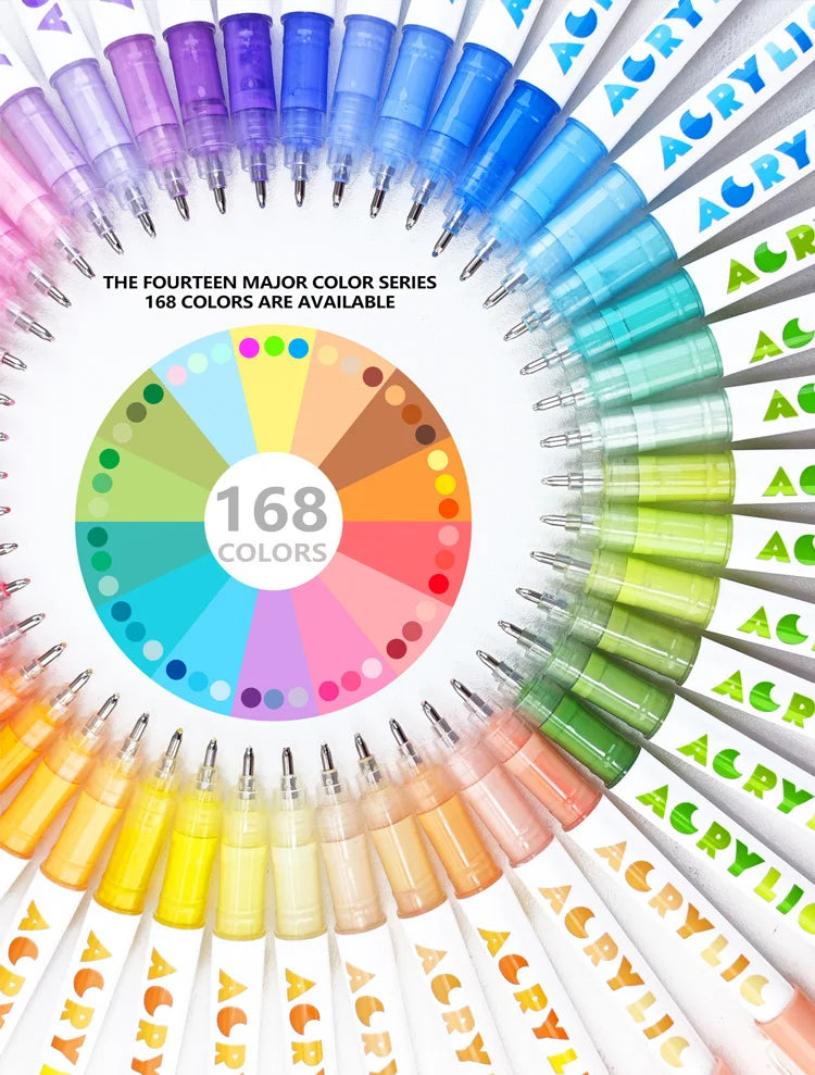 A circular display of 168 high-gloss acrylic marker pens in various colors arranged radially.